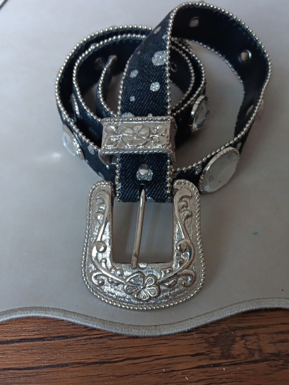 Y2K.Western-Inspired Black Embelished Denim Belt with Silver Floral Buckle